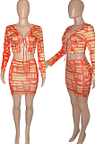 Orange Tie Dye Print Round Neck Bandage Long Sleeve High Waist Short Skirt Sets SN390111-1