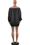 Black A Word Shoulder Lantern Sleeve Solid Color Loose Mini Dress H1675-4