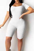 White Night Club Square Neck Short Sleeve Back Hollow Out Bandage Romper Shorts ZQ9198-1