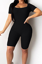 Black Night Club Square Neck Short Sleeve Back Hollow Out Bandage Romper Shorts ZQ9198-2