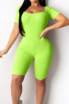 Neon Green Night Club Square Neck Short Sleeve Back Hollow Out Bandage Romper Shorts ZQ9198-3