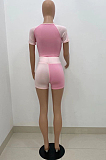 Pink Spliced Round Neck Short Sleeve Crop Top Shorts Casual Two-Piece ZQ8086