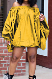 Yellow A Word Shoulder Lantern Sleeve Solid Color Loose Mini Dress H1675-1