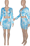 Blue Tie Dye Print Round Neck Bandage Long Sleeve High Waist Short Skirt Sets SN390111-2
