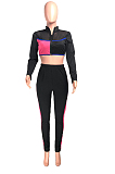 Rose Red Fashion Spliced V Neck Long Sleeve Crop Top Tight Pants Two-Piece YMT6227-3