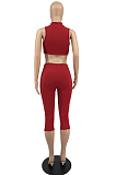 Black Half High Neck Sleeveless Hollow Out Elastic Cropped Pants Pure Color Sets YYF8232-3