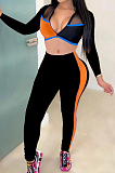 Orange Fashion Spliced V Neck Long Sleeve Crop Top Tight Pants Two-Piece YMT6227-1