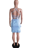 Sky Blue Cotton Blend Sexy Tied Deep V Neck Backless Solid Color Ruffle Dress BS1281-5
