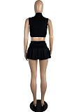 Black Summer Sleeveless Neckline Zipper Crop Top High Waist Multilayer Shorts Casual Sets LS6461