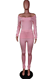 Red Nigh Club Low Cut Long Sleeve Tight Top Long Pants Two-Piece WY6697-2