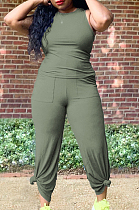 Army Green Casual O Collar Sleeveless Top Flare Pants With Pocket Solid Color Two-Piece WM21623-4
