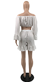 White Strapless Ruffle Sleeve Crop Top Flutter Shorts Solid Color Loose Two-Piece QSS51028-1
