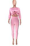 Pink Summer Round Collar Three Quarter Sleeve Bandage Top Bodycon Pants Two-Piece YMT6222-3
