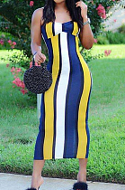 Yellow Cotton Blend Modest Stripe Condole Belt Strapless Sexy Boycon Dress YMT6216-1