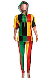 Colorful Stripe Print Spliced Short Sleeve Hoodie Pencil Pants Sports Sets YMT6226