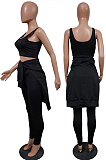 Black Pure Color Round Neck Long Sleeve Loose Top With Tank Ninth Pants Sport Three-Piece JH270-3