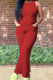 Red Casual O Collar Sleeveless Top Flare Pants With Pocket Solid Color Two-Piece WM21623-1