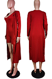 Wine Red New Solid Color Sleeveless Round Neck Romer Shorts+Long Sleeve Cardigan Coat Two-Piece WY6682-6