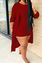 Wine Red New Solid Color Sleeveless Round Neck Romer Shorts+Long Sleeve Cardigan Coat Two-Piece WY6682-6