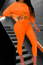 Orange Summer Round Collar Three Quarter Sleeve Bandage Top Bodycon Pants Two-Piece YMT6222-1
