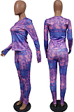 Purple Cotton Blend Print Round Collar Long Sleeve Capris Pants Casual Two-Piece JH269-1 