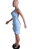 Sky Blue Cotton Blend Sexy Tied Deep V Neck Backless Solid Color Ruffle Dress BS1281-5