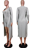 Grey New Solid Color Sleeveless Round Neck Romer Shorts+Long Sleeve Cardigan Coat Two-Piece WY6682-3