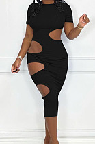 Black Nigh Club Hollow Out Backless O Neck Solid Color Bodycon Dress LM88803-4