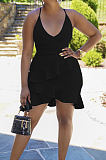 Black Cotton Blend Sexy Tied Deep V Neck Backless Solid Color Ruffle Dress BS1281-4