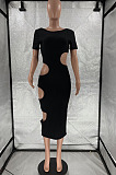 Black Nigh Club Hollow Out Backless O Neck Solid Color Bodycon Dress LM88803-4