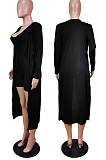 Black New Solid Color Sleeveless Round Neck Romer Shorts+Long Sleeve Cardigan Coat Two-Piece WY6682-4