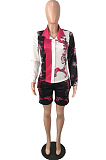 Rose Red New Digital Print Lapel Neck Single-Breasted Long Sleeve Shirt Shorts Two-Piece QY5059-1