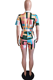 Colorful Plaid Printing Lapel Collar Single-Breasted Shirt Belt Romper Shorts BS1280