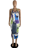 Colorful New Summer Digital Print U Neck Sleeveless Tank Bodycon Dress LS6459
