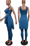Blue Pure Color Round Neck Long Sleeve Loose Top With Tank Ninth Pants Sport Three-Piece JH270-2