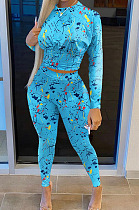 Blue Casual Print Round Neck Long Sleeve Bodycon Pants Two-Piece SN390184-3
