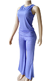 Yellow Casual O Collar Sleeveless Top Flare Pants With Pocket Solid Color Two-Piece WM21623-2