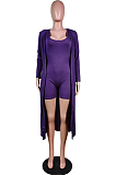 Purple New Solid Color Sleeveless Round Neck Romer Shorts+Long Sleeve Cardigan Coat Two-Piece WY6682-1