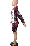 Rose Red New Digital Print Lapel Neck Single-Breasted Long Sleeve Shirt Shorts Two-Piece QY5059-1