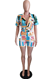 Colorful Plaid Printing Lapel Collar Single-Breasted Shirt Belt Romper Shorts BS1280