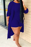 Purple New Solid Color Sleeveless Round Neck Romer Shorts+Long Sleeve Cardigan Coat Two-Piece WY6682-1