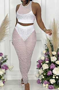 White New Night Club Mesh See-Througk SLeeveless Tank Pencil Pants With  Underwear Briefs Sets SN390154-1