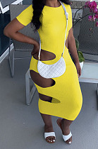 Yellow Nigh Club Hollow Out Backless O Neck Solid Color Bodycon Dress LM88803-3