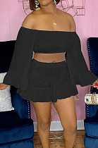 Black Strapless Ruffle Sleeve Crop Top Flutter Shorts Solid Color Loose Two-Piece QSS51028-2