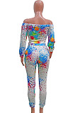 Colorful White Splask-Ink Print A Word Shoulder Long Sleeve Dew Waist Carrot Pants Two-Piece SN390186 -1