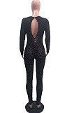 Black Mesh Perspective Backless Long Sleeve Round Neck Sexy Bodycon Jumpsuits SN390190