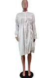 White Long Sleeve Single-Breasted Irregularity Ruffel Loose Solid Color Swing Dress WY6828-1