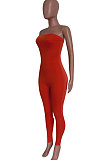 Rose Red Solid Color Sexy Mid Waist Strapless Bodycon Jumpsuits HM5493-4