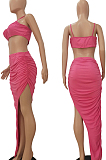 Rose Red Night Club Ruffle Condole Belt Strapless High Waist Irregularity Split Long Skirts SetsNYF8042-3
