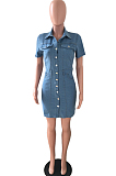 Light Blue Elastic Lapel Neck Short Sleeve Single-Breasted Slim Fitting Jean Midi Dress JLX6057-1